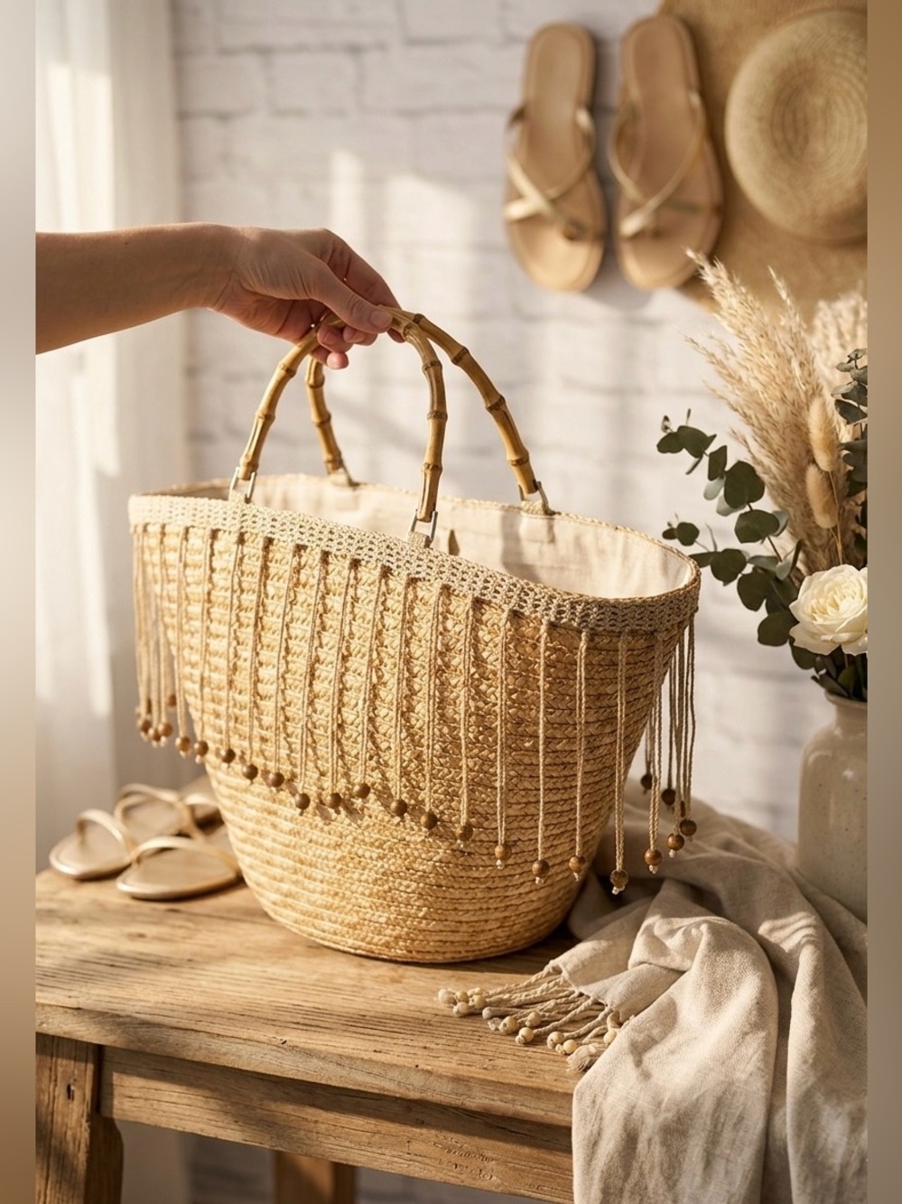 Boho Straw Market Tote Bag Bamboo Handle Woven Beach Purse Beaded Fringe Large - Picture 3 of 7